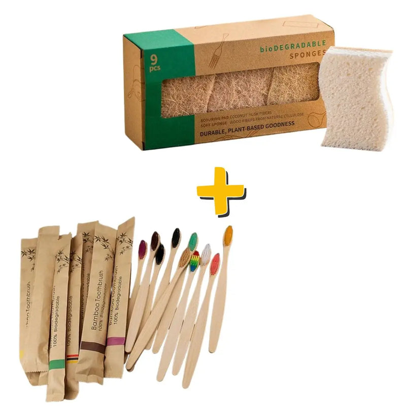 Kit Sustentável – Escovas de Dentes de Bambu + Esponjas Biodegradáveis de Fibra Natural