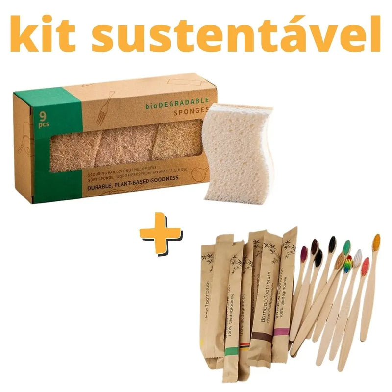 Kit Sustentável – Escovas de Dentes de Bambu + Esponjas Biodegradáveis de Fibra Natural