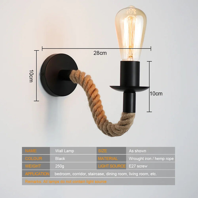 Suporte para Lâmpada de Parede de Corda de Cânhamo Retro Industrial - eKoloja