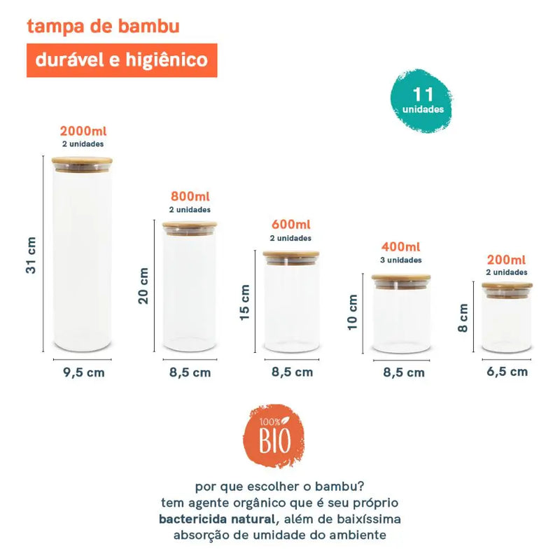 Potes de Vidro Herméticos com Tampa de Bambu