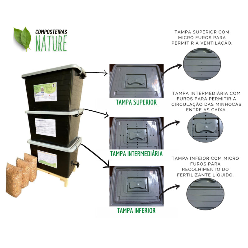 Composteira Doméstica e Minhocário 90L Com Suporte 3 Sacos de Serragem - eKoloja