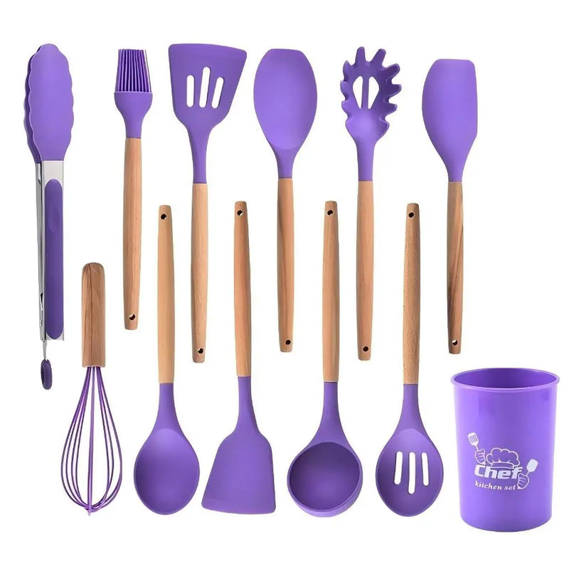KIT de Utensílios Para Cozinha em Silicone e Bambu 12 Peças