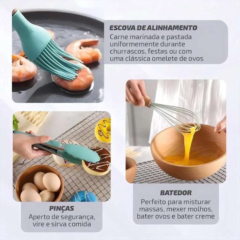 KIT de Utensílios Para Cozinha em Silicone e Bambu 12 Peças