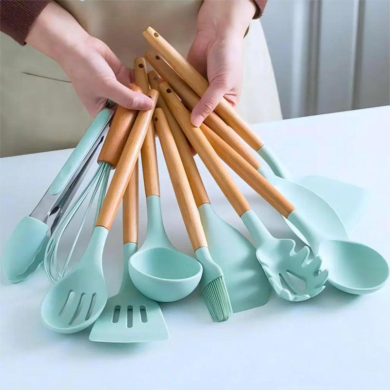 KIT de Utensílios Para Cozinha em Silicone e Bambu 12 Peças
