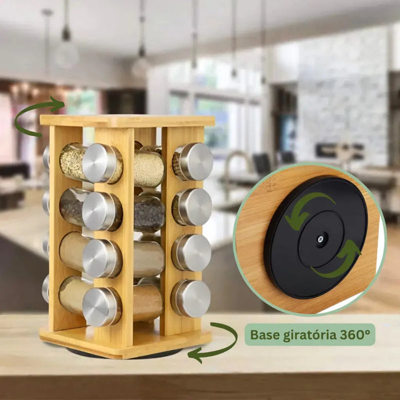Porta-Temperos de Bambu com 16 Potes de Vidro – Organizador de Especiarias para Cozinha