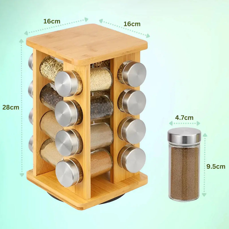 Porta-Temperos de Bambu com 16 Potes de Vidro – Organizador de Especiarias para Cozinha