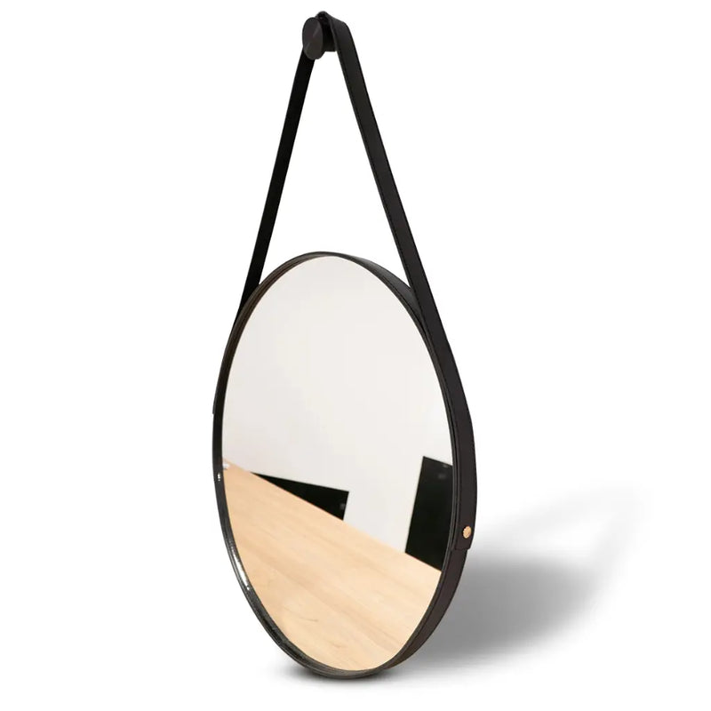 Espelho Adnet Couro Costurado Com Alça + Suporte 60cm 50cm 40cm 30cm Sala Quarto Banheiro Redondo