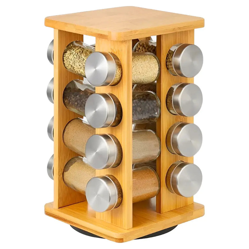 Porta-Temperos de Bambu com 16 Potes de Vidro – Organizador de Especiarias para Cozinha