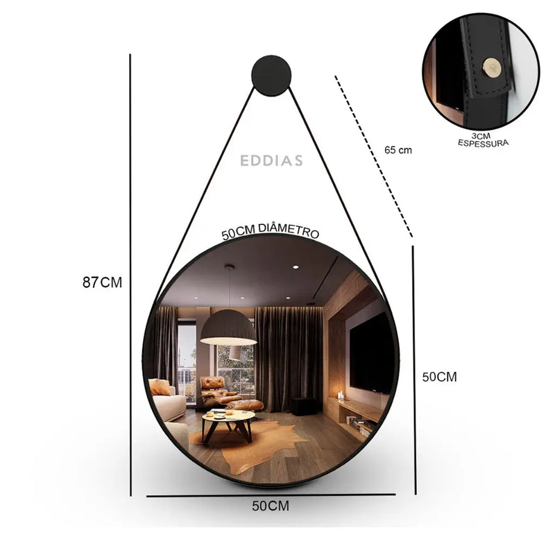Espelho Adnet Couro Costurado Com Alça + Suporte 60cm 50cm 40cm 30cm Sala Quarto Banheiro Redondo