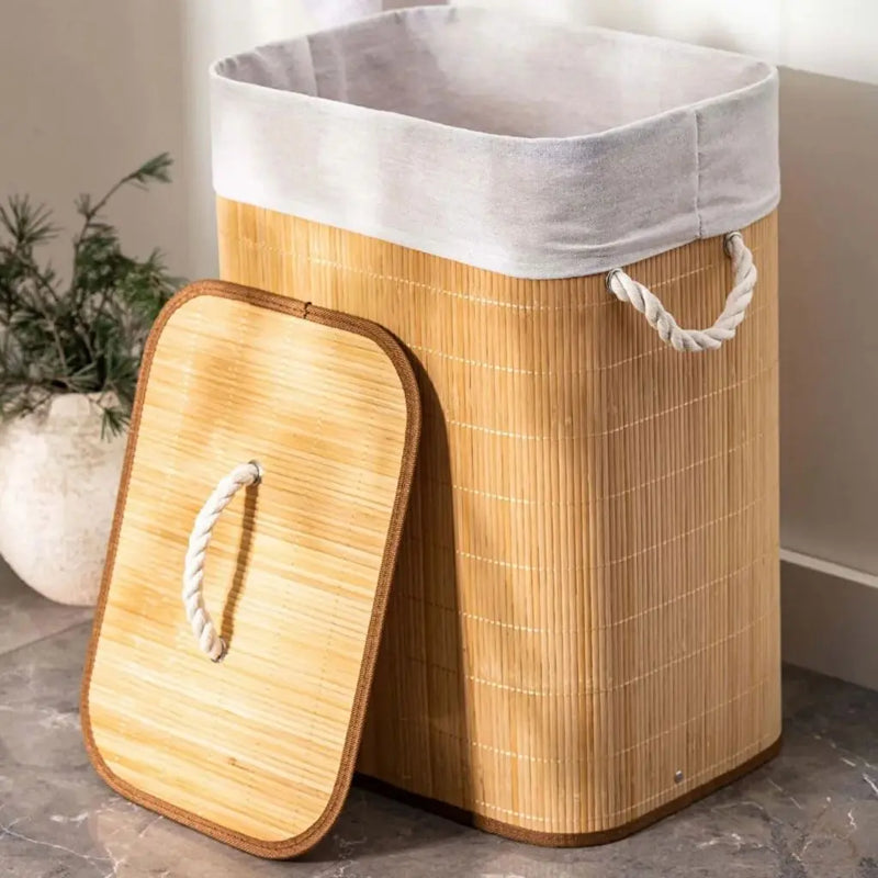 Cesto de Roupa Suja Bambu Com Tampa e Alças 50 Litros Grande Organizador Multiuso