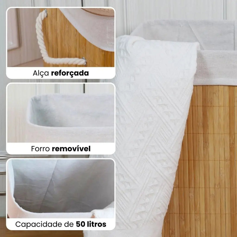 Cesto de Roupa Suja Bambu Com Tampa e Alças 50 Litros Grande Organizador Multiuso