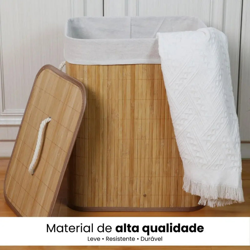 Cesto de Roupa Suja Bambu Com Tampa e Alças 50 Litros Grande Organizador Multiuso