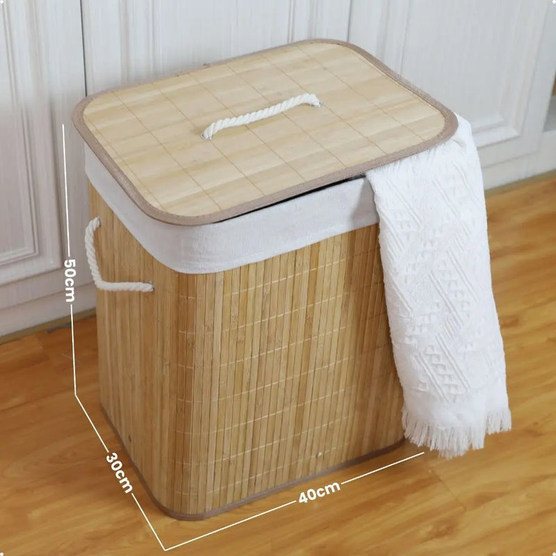 Cesto de Roupa Suja Bambu Com Tampa e Alças 50 Litros Grande Organizador Multiuso