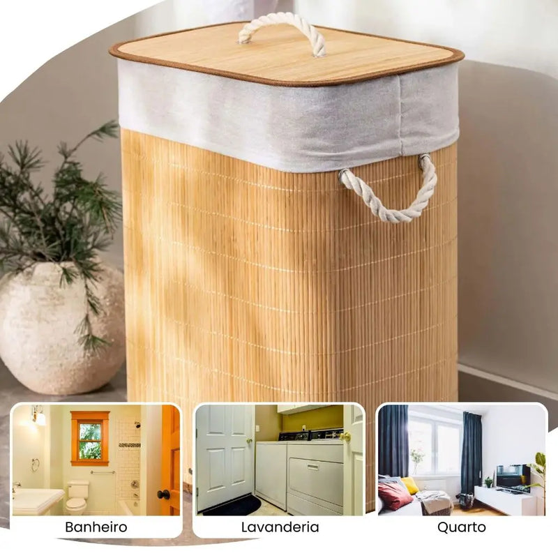 Cesto de Roupa Suja Bambu Com Tampa e Alças 50 Litros Grande Organizador Multiuso