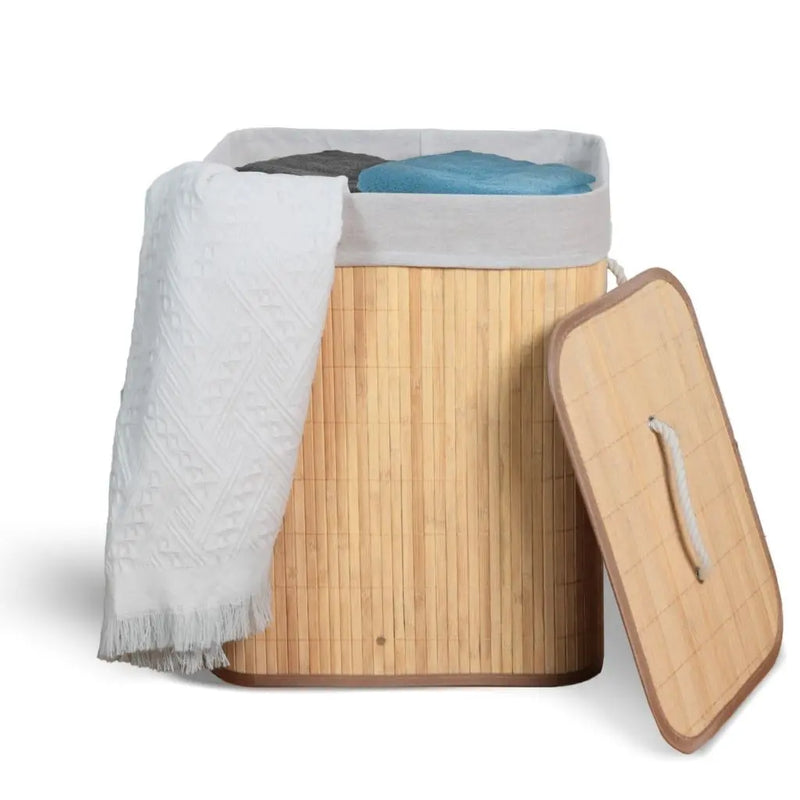 Cesto de Roupa Suja Bambu Com Tampa e Alças 50 Litros Grande Organizador Multiuso