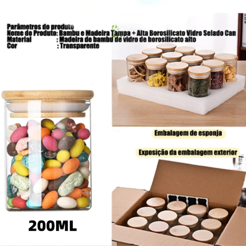 Kit 6 Potes de Vidro Herméticos com Tampa de Bambu – Organização e Sustentabilidade na Sua Cozinha