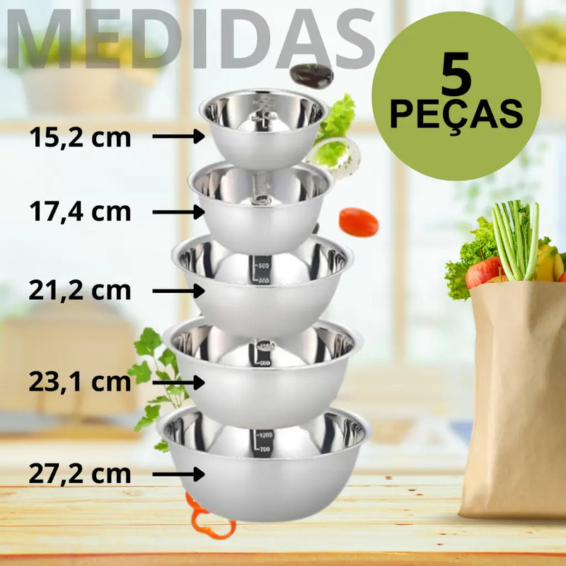 Conjunto Kit 5 Bowls Inox Tigelas Panela Saladeira Multiuso Inox Cozinha Saladas