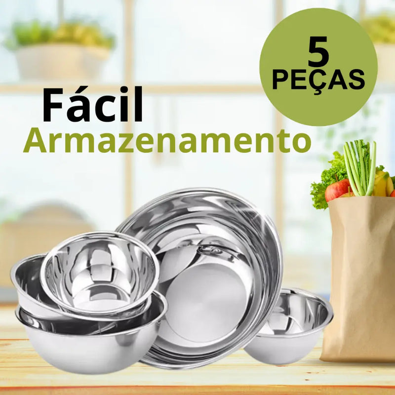 Conjunto Kit 5 Bowls Inox Tigelas Panela Saladeira Multiuso Inox Cozinha Saladas