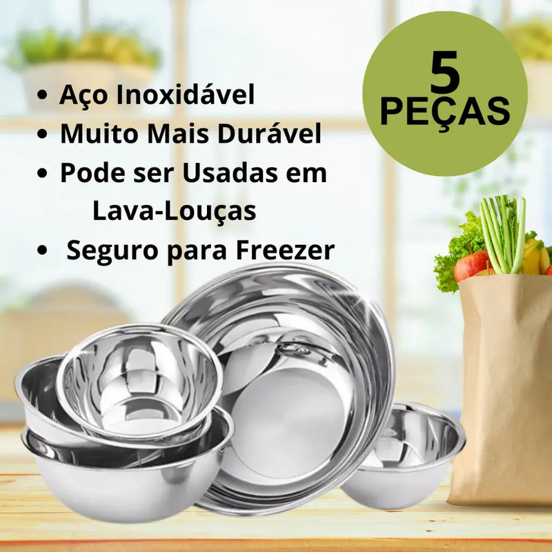 Conjunto Kit 5 Bowls Inox Tigelas Panela Saladeira Multiuso Inox Cozinha Saladas