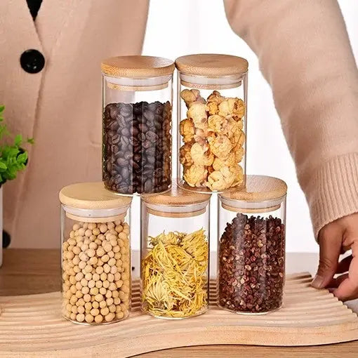 Kit 6 Potes de Vidro Herméticos com Tampa de Bambu – Organização e Sustentabilidade na Sua Cozinha