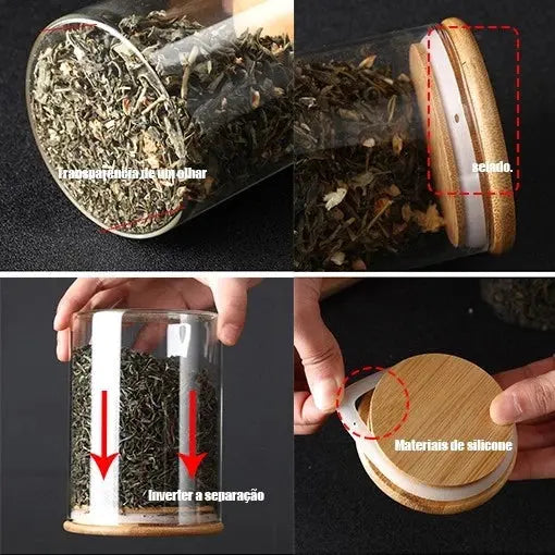 Kit 6 Potes de Vidro Herméticos com Tampa de Bambu – Organização e Sustentabilidade na Sua Cozinha