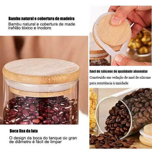 Kit 6 Potes de Vidro Herméticos com Tampa de Bambu – Organização e Sustentabilidade na Sua Cozinha