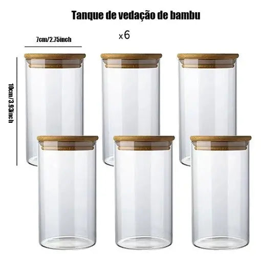 Kit 6 Potes de Vidro Herméticos com Tampa de Bambu – Organização e Sustentabilidade na Sua Cozinha