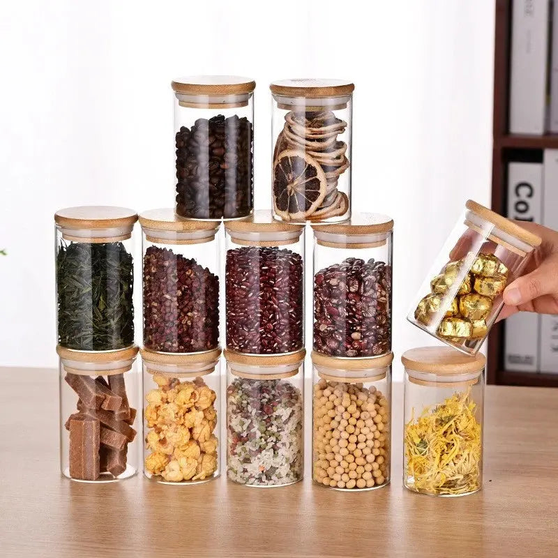 Kit 6 Potes de Vidro Herméticos com Tampa de Bambu – Organização e Sustentabilidade na Sua Cozinha