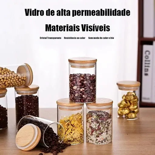 Kit 6 Potes de Vidro Herméticos com Tampa de Bambu – Organização e Sustentabilidade na Sua Cozinha