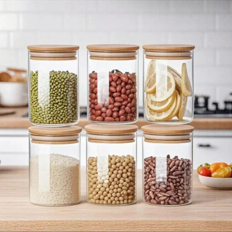 Kit 6 Potes de Vidro Herméticos com Tampa de Bambu – Organização e Sustentabilidade na Sua Cozinha