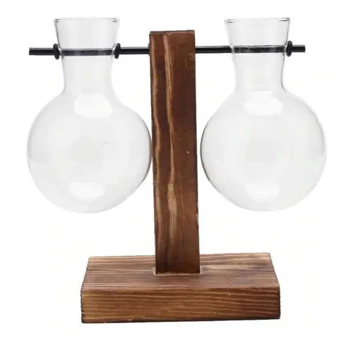 Vaso De Vidro Suporte Madeira Plantador Planta Bonsai
