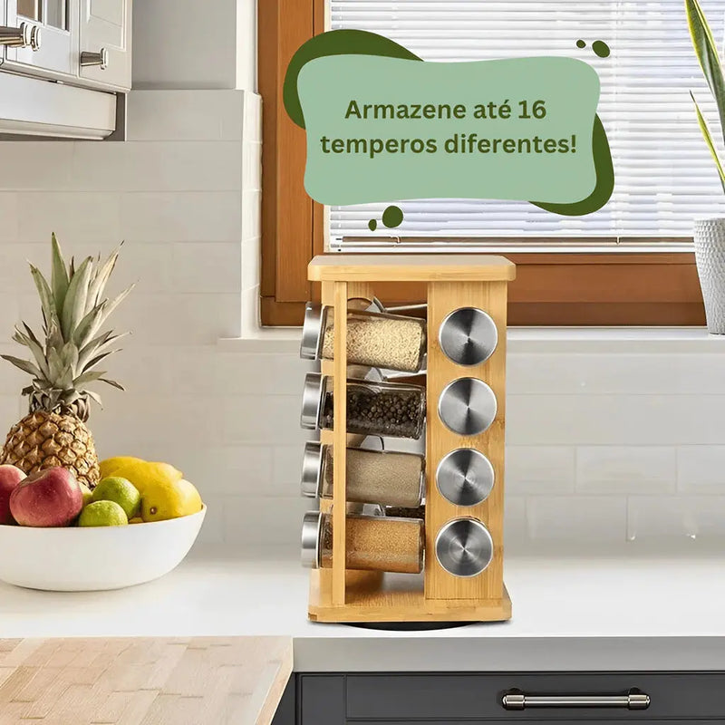 Porta-Temperos de Bambu com 16 Potes de Vidro – Organizador de Especiarias para Cozinha