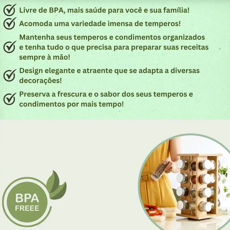 Porta-Temperos de Bambu com 16 Potes de Vidro – Organizador de Especiarias para Cozinha