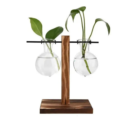 Vaso De Vidro Suporte Madeira Plantador Planta Bonsai