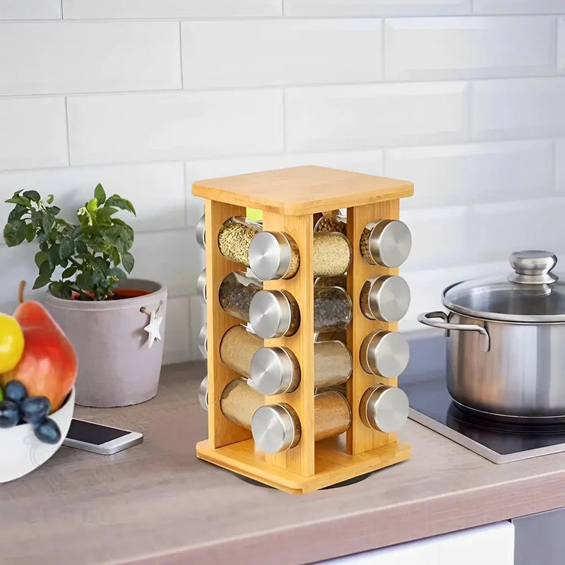 Porta-Temperos de Bambu com 16 Potes de Vidro – Organizador de Especiarias para Cozinha