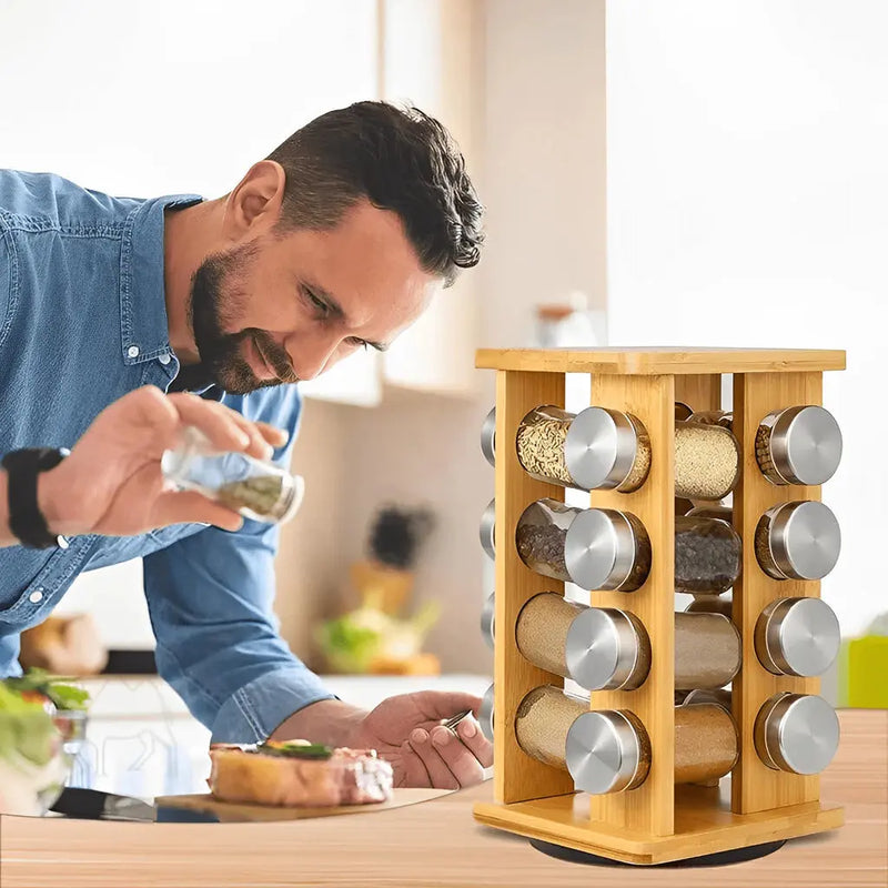 Porta-Temperos de Bambu com 16 Potes de Vidro – Organizador de Especiarias para Cozinha