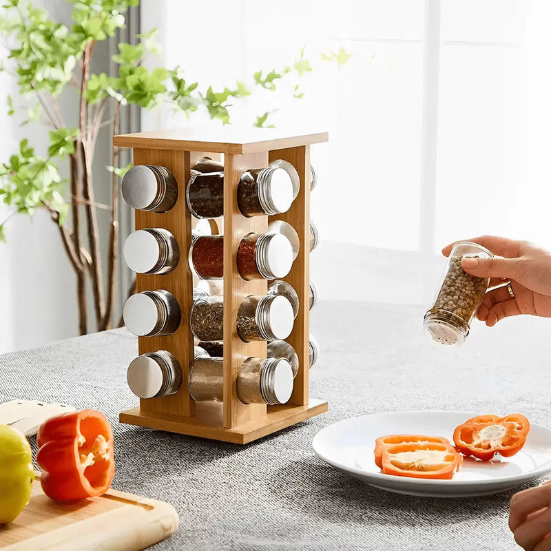 Porta-Temperos de Bambu com 16 Potes de Vidro – Organizador de Especiarias para Cozinha
