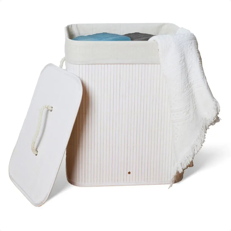 Cesto de Roupa Suja Bambu Com Tampa e Alças 50 Litros Grande Organizador Multiuso
