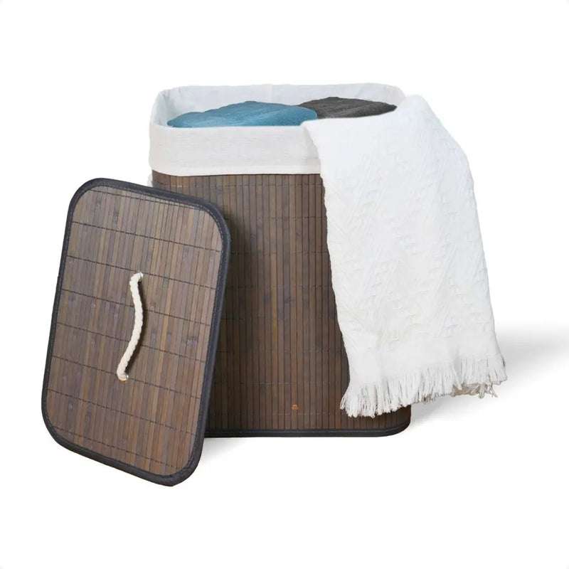Cesto de Roupa Suja Bambu Com Tampa e Alças 50 Litros Grande Organizador Multiuso