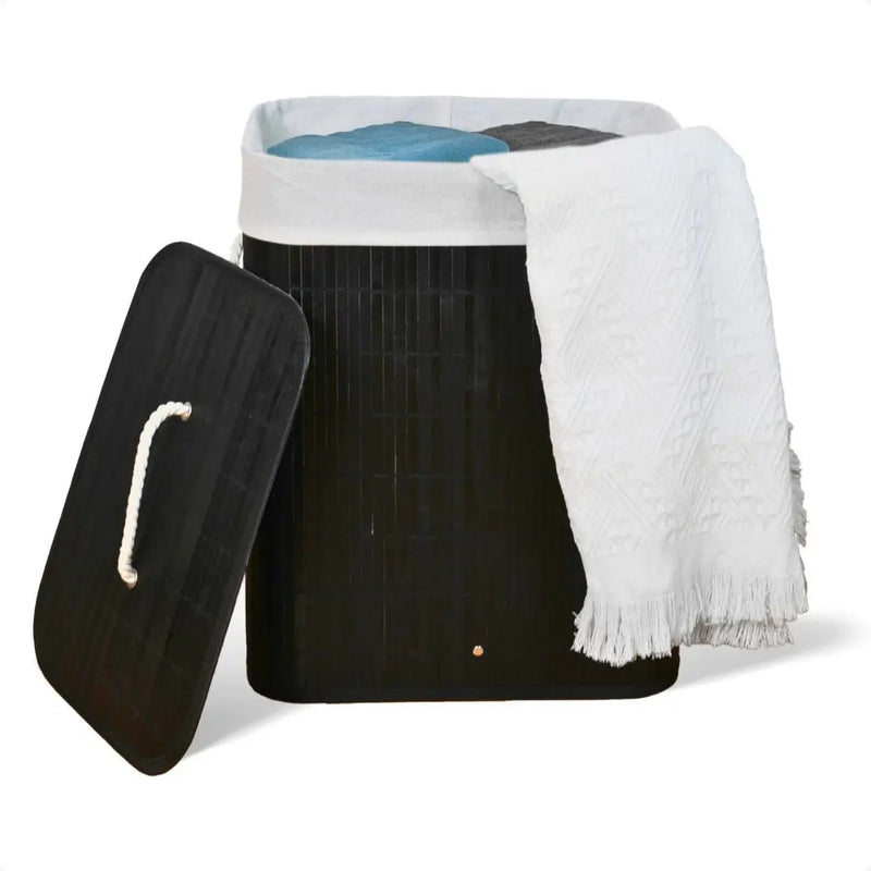Cesto de Roupa Suja Bambu Com Tampa e Alças 50 Litros Grande Organizador Multiuso